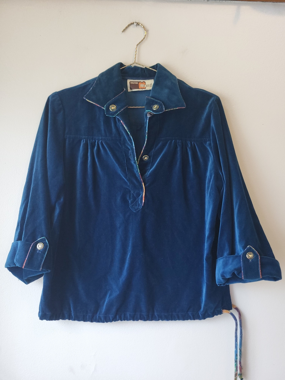 Vintage 70s Style Hippie Festival Blue Velvet Retro Tunic Top